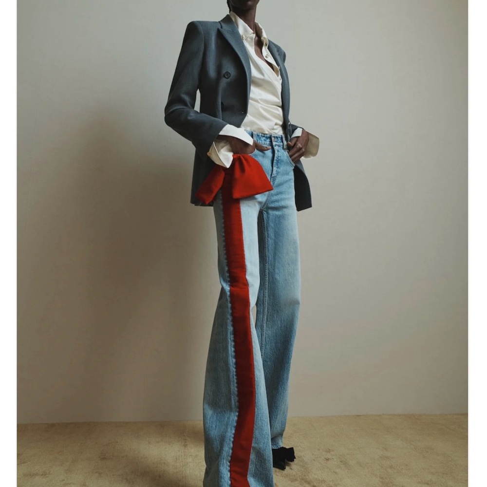 Designer Denim with Red Satin Bow and Stripe NWT